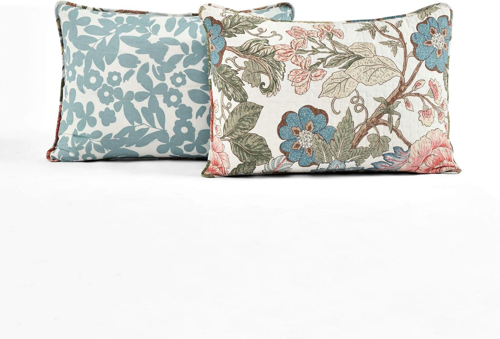 Reversible Cotton Quilt Set, 3 Piece Set, Full/ Queen, Green & Blue - Cotton Bedding Set - Blue Floral Quilt