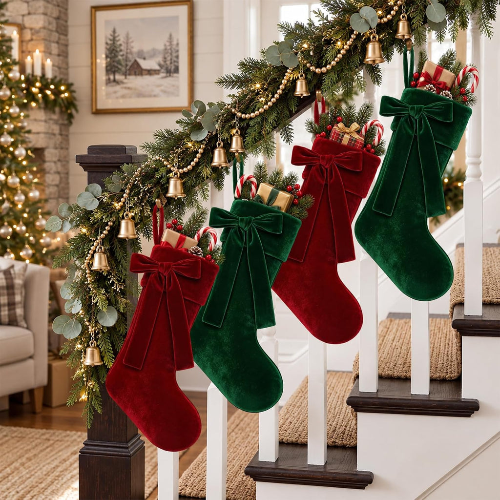4 Pack 18 in Christmas Velvet Hanging Stocking Xmas Home Decoration