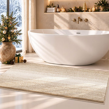 Large Bathroom Rugs Runner, 22x60 Striped Bath Mats, Beige