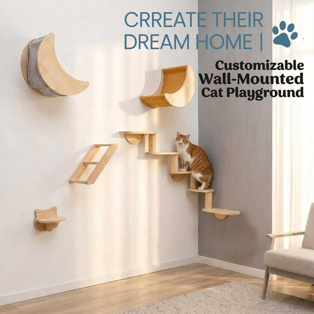 Cat Wall Shelves Set, Solid Wood Moon Bed, Perch & Stair for Climb and Rest