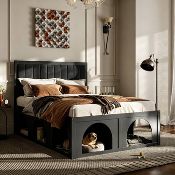 Queen Size Upholstered Platform Bed with Pet Nook, Black
