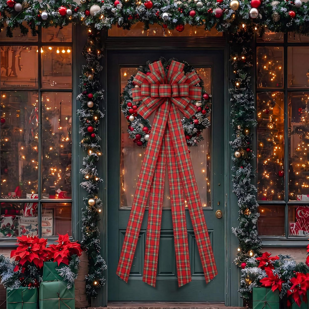 Large Christmas Tree Topper Bow Red Green Plaid Bows, Fresh Color