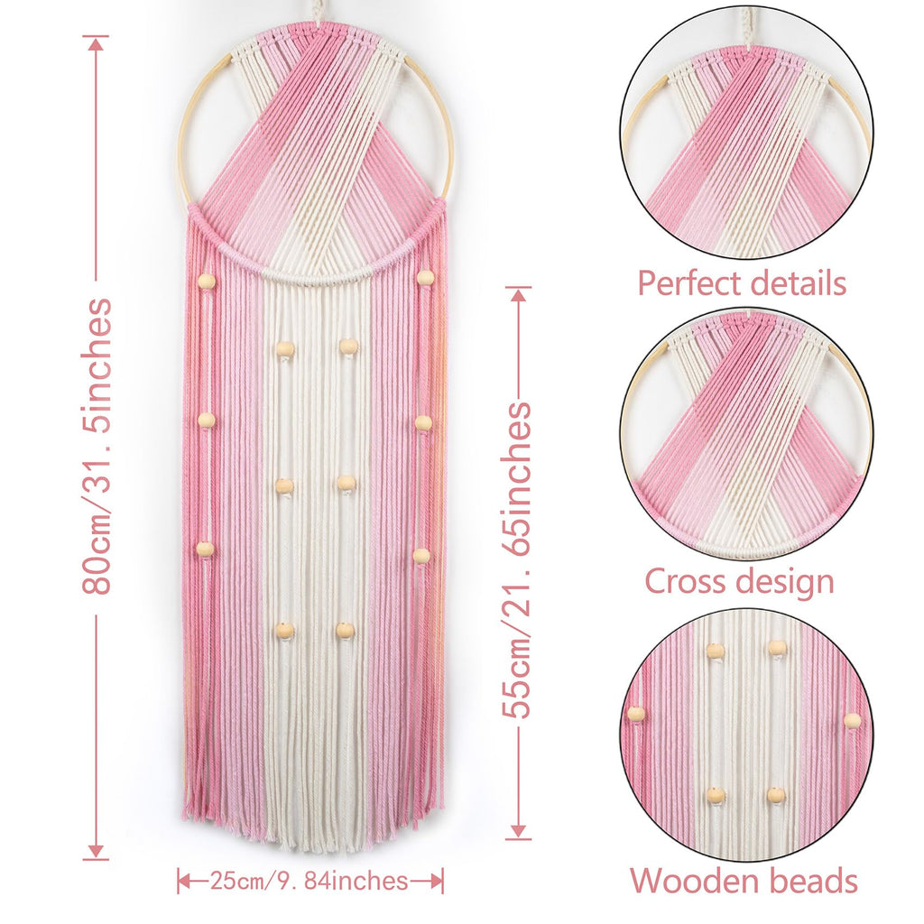 LB Boho Pink Macrame Wall Hanging Woven Cotton Tapestry Pink and White Wall Art with Wood beads Modern Aesthetic