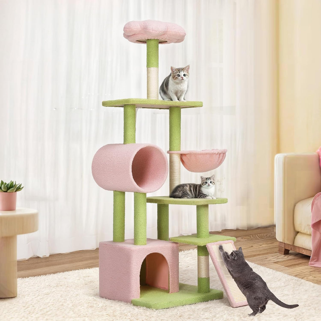 Tall Flower Cat Tree Tower with Detachable Perch, 65in Cute Cat Climbing Tower for Indoor Cats with Cat Condo