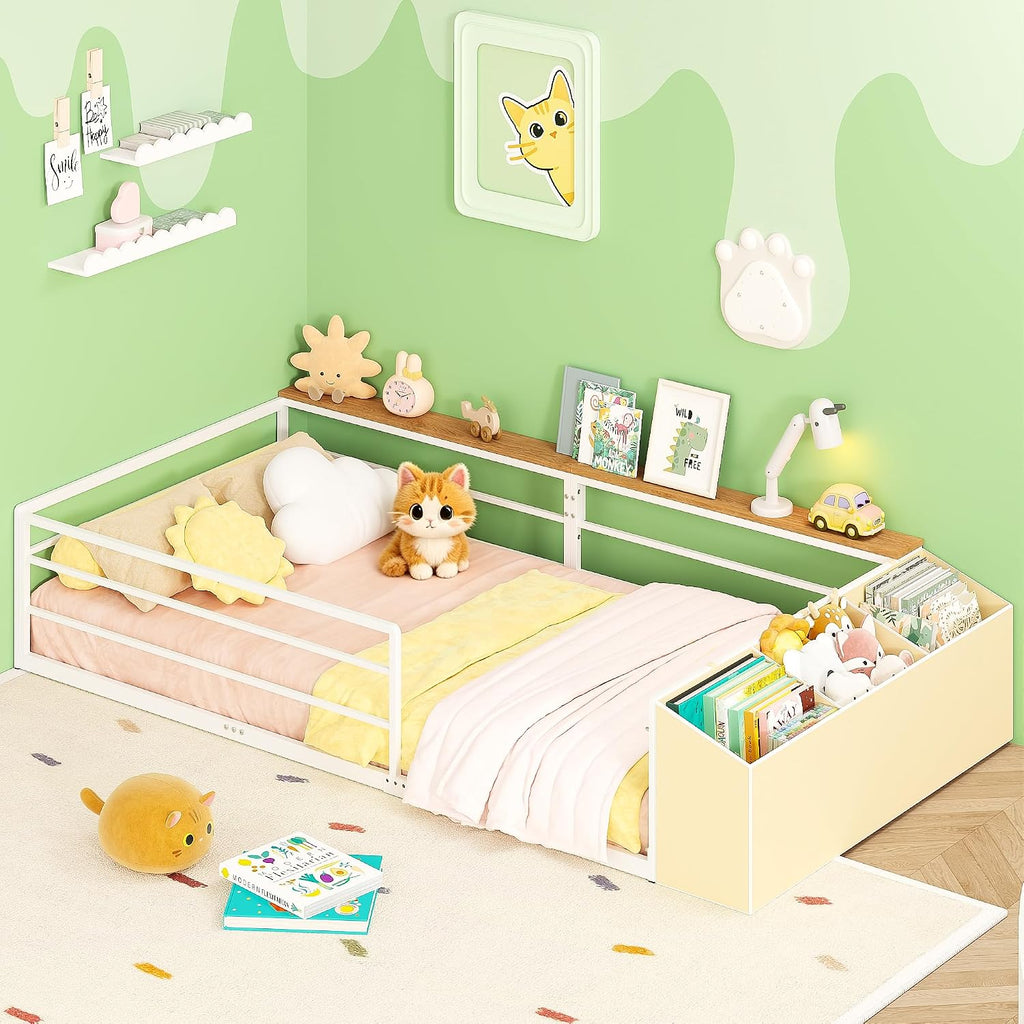 Twin Montessori Floor Bed Frame with Storage | Storage Organizer and Side Shelf, High Guardrail and Wide Entrance, No