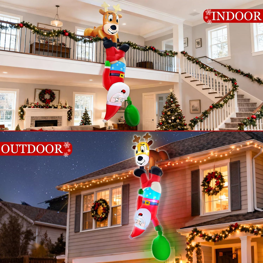 8 Ft Christmas Inflatable Reindeer & Climbing Santa Claus, Funny Hanging Outdoor Decoration with Built-in LED Light