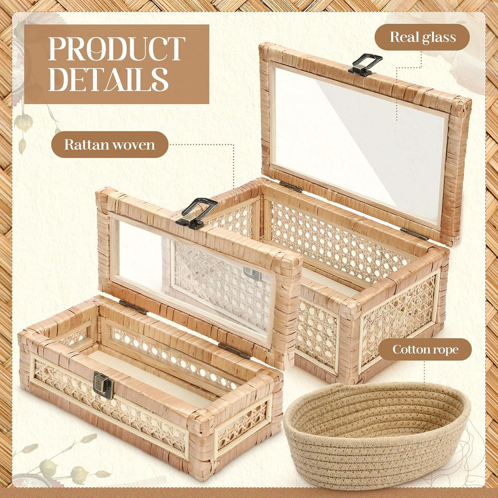 Boho Rattan Decorative Box with Glass Lid - Set of 2