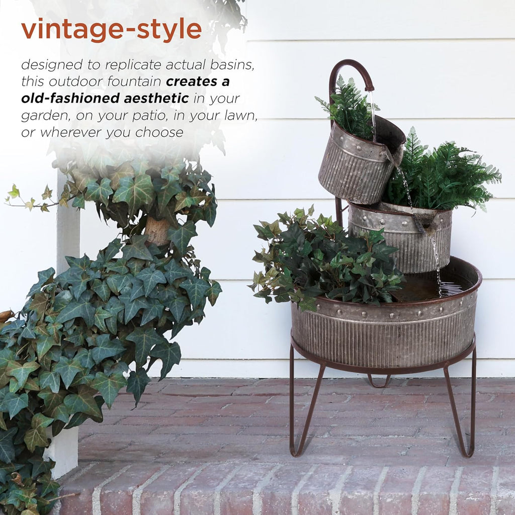 33" Outdoor Floor 3-Tier Vintage Tubs and Planters Fountain, Rustic Metal Cascading Waterfall Feature for Gardens
