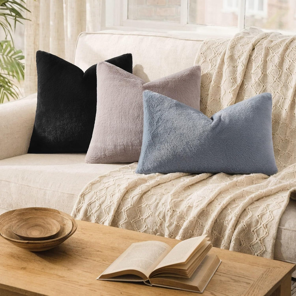 Faux Fur Plush Throw Pillow Covers 18x18 Set of 2, Luxury Soft Fluffy Cozy Decorative Pillow Covers, Black