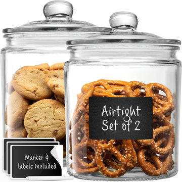 Glass Canister Set Counter + Labels & Marker - Glass Cookie Jars with Airtight Lids - Food Storage - Set of 2