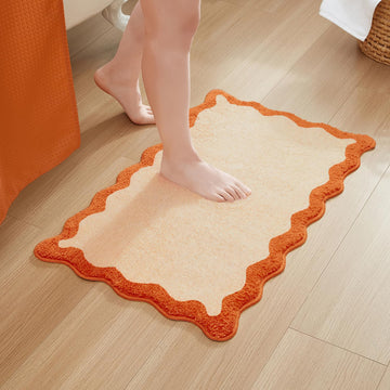 Bath Mat with Scalloped Wavy Ripple Design, Soft Absorbent Non-Slip Polyester Rug Floor, Shower or Kitchen (16x24