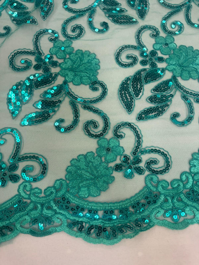 Designz 48/50" Wide Corded Queen Floral Lace Fabric with Sequins - Mesh Embroidered Fabric with Scalloped Edges for