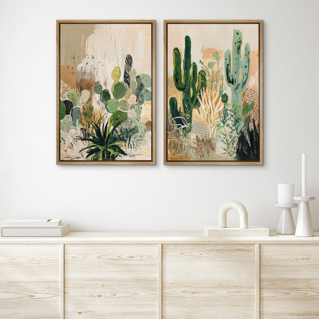 Framed Canvas Print Wall Art Set Modern Desert Cactus Botanical Abstract Illustrations Modern Art Decorative