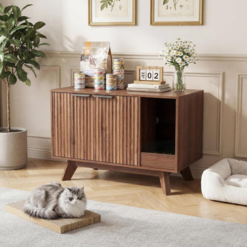 Cat Litter Box Enclosure with Litter Collector, Fluted Hidden Litter Box Furniture with Scratch Pad, 31" Wooden Cat