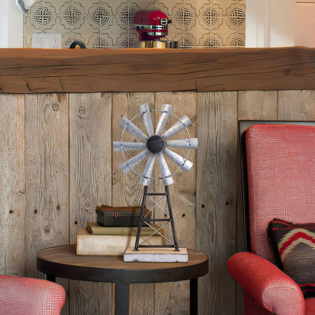 Charming Tall Galvanized Windmill Decor, Metal Windmill Accent for Farmhouse Shelf Decor and Living Room, Adding a