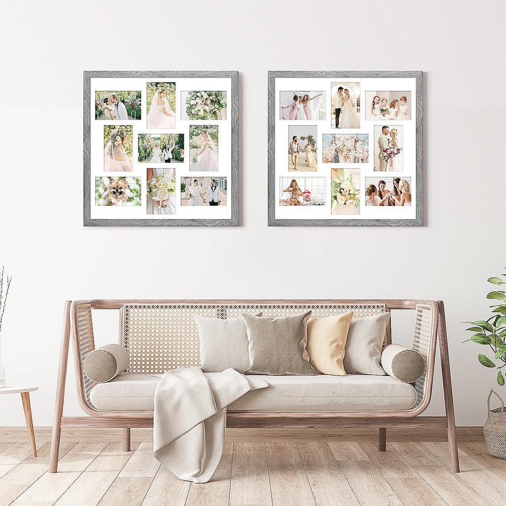 17x17 Collage Frame with 9 Openings 4X6 Pictures, Multiple Picture Frame with Mat, Wall or Tabletop Decor, Grey Wood