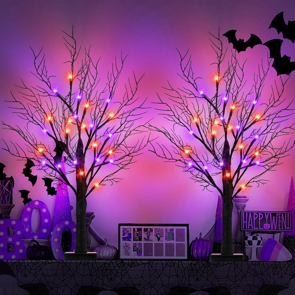 [Timer] 2 Pack Halloween Decorations Indoor, 24 Inch Halloween Tree with 24 Orange & Purple Lights, USB & Battery - Set of 2