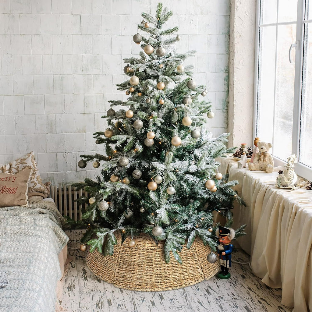 24" Woven Rattan Christmas Tree Collar Scallop Edge Farmhouse