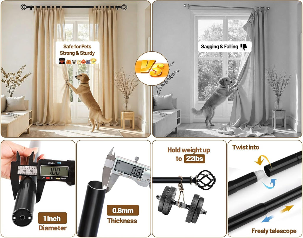 Black Curtain Rods for Windows, Long Drapery Rods| 1 Inch Heavy Duty, Single Curtain Pole, Easy Wall