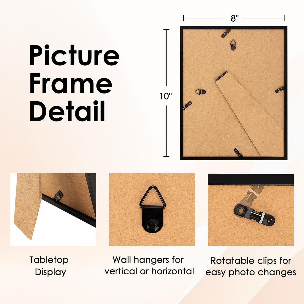 8x10 Picture Frame Set of 6, Black Photo Frames Bulk with HD Plexiglass, Display Pictures 5x7 with Mat or 8x10