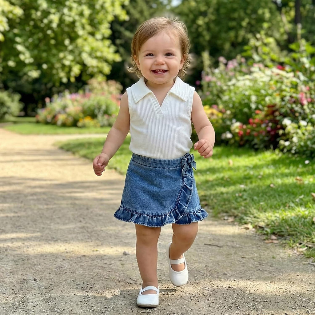Toddler Baby Girl Denim Outfit Lapel Collar Ribbed Tops Jean Skirt