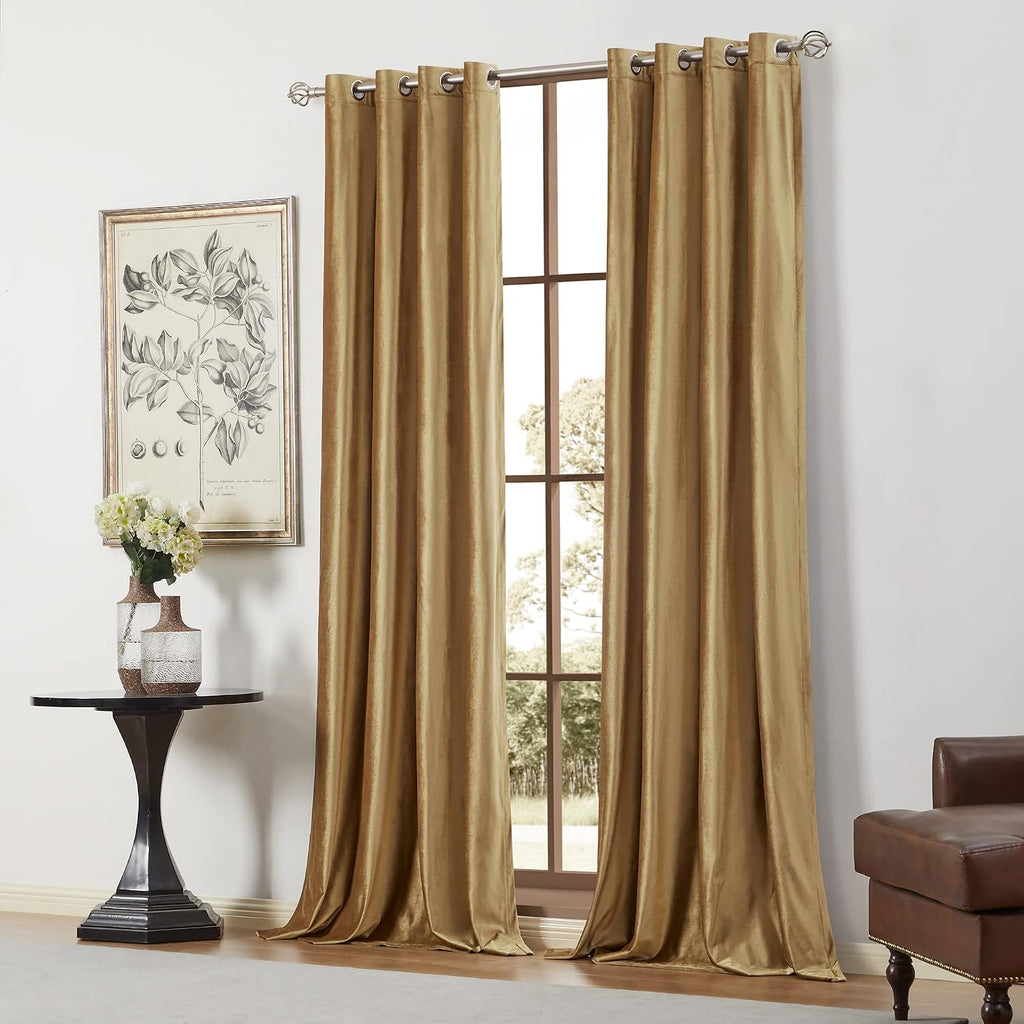 100% Blackout Velvet Window Curtains Gold 84 inch Long, Room Darkening Curtains Heavy Thermal Insulated Grommet