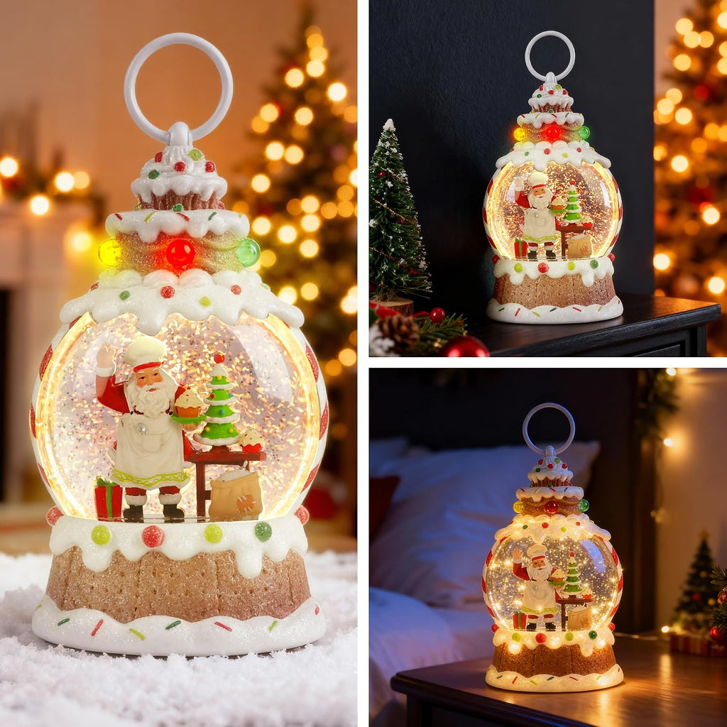 9" Lighted Musical Snow Globe Lantern, Gingerbread Santa Baker with Swirling Glitter, Cupcake Christmas Tree, USB