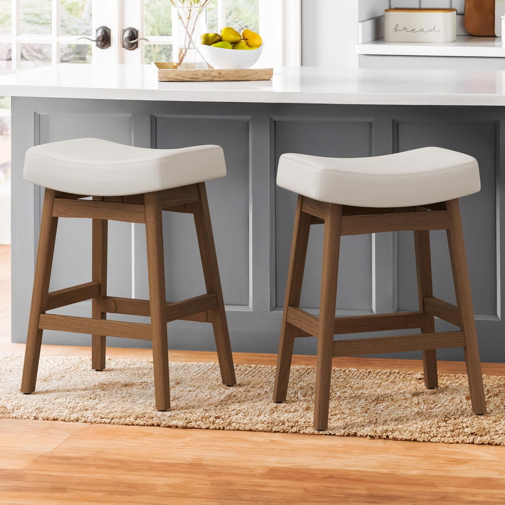Bar Stools Set of 3, Barstools with Sturdy Wood Legs, Saddle Seat Counter Height Bar Stools Counter, Bar, Dining, 24