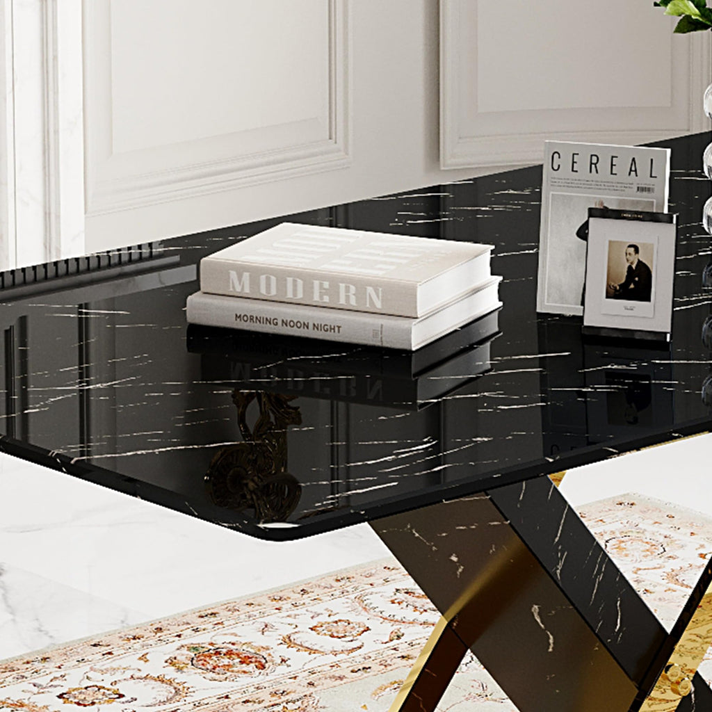 Marble Dining Table Set for 6, 63 in Black Rectangular Table with Gold X-Shaped Frame and 6 Grey Leather Dining