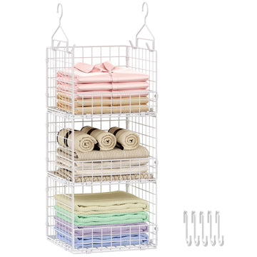3-Tier Hanging Closet Organizer with 5 S Hooks, Closet Shelves for Clothes, Shoes, Handbags, Accessories, Hanging