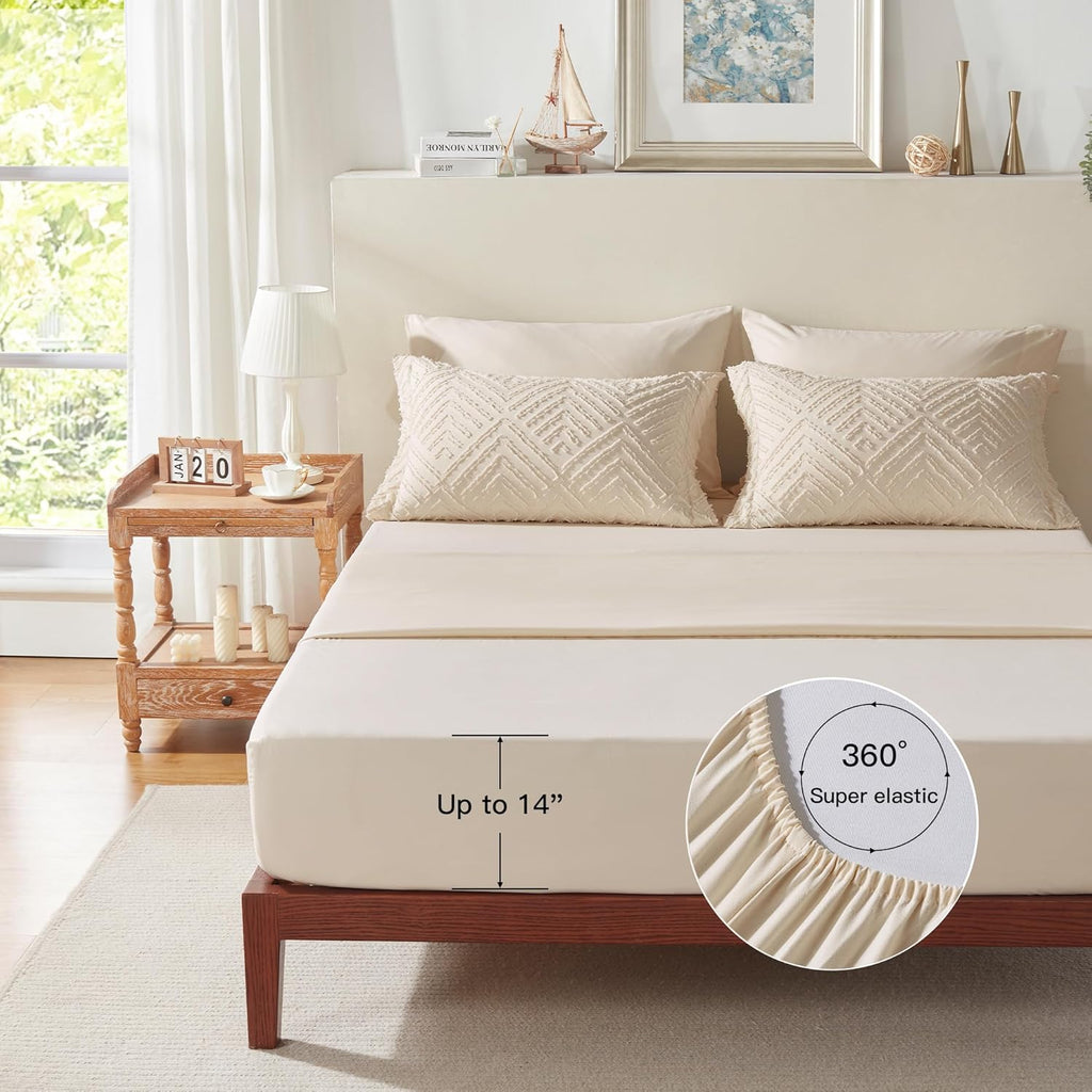 King Comforter Set 7 Pieces, Beige Tufted Bed in a Bag with Comforter and Sheets
