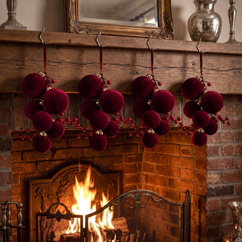 4 Set Burgundy Velvet Christmas Ball Ornaments with Berries