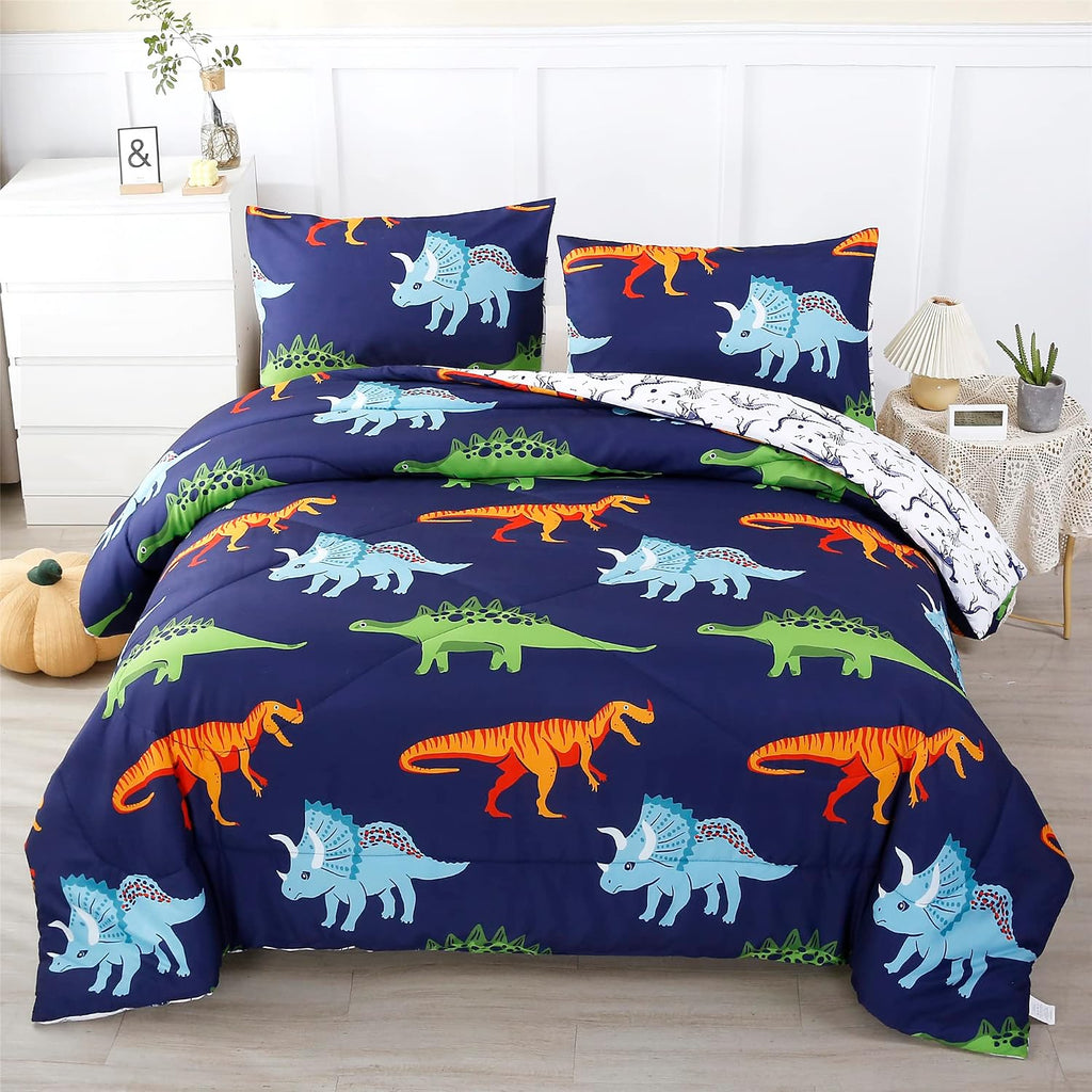 Cartoon Dinosaur Comforter Set, Dark Blue Dinosaur Kids Bedding Set for Boys, Dinosaurs Print Comforter Sets for Kids/Toddlers/Teens (Dinosaur,Full)