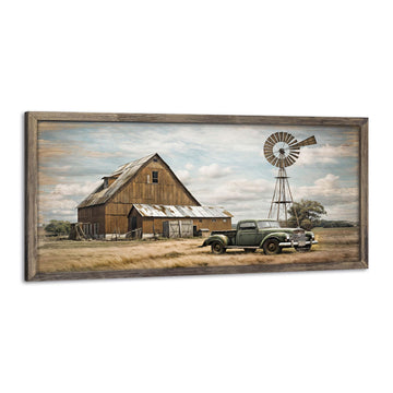 Farmhouse Barn Wood Wall Art: Framed Rustic Farm House Windmill Retro Truck Countryside Old Car Landscape Prints
