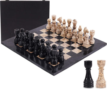 Marble Chess Set 15 Inch Black and Coral Handmade Board Game with Storage Box, Classic Travel Chess Set for Adults