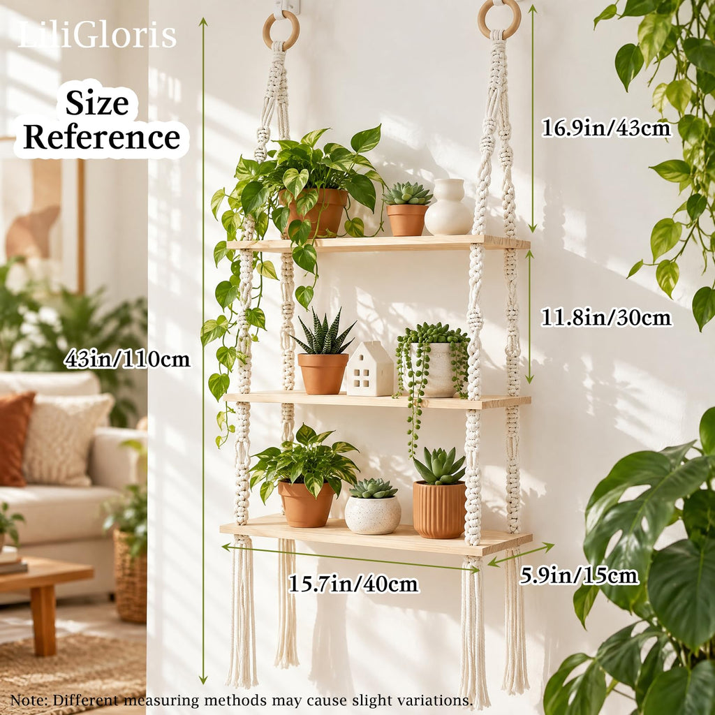 3-Tier Boho Hanging Shelves for Wall - Rustic Floating Wood Shelves with Rope, Macrame Plant Shelf Organizer Decor