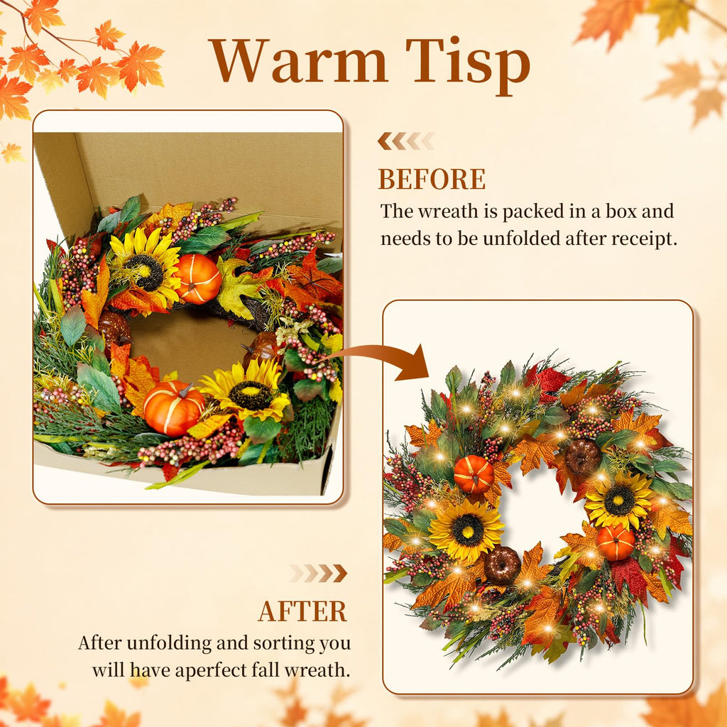 24Inch Lighted Fall Wreaths for Front Door with Timer, Fall Door Wreath