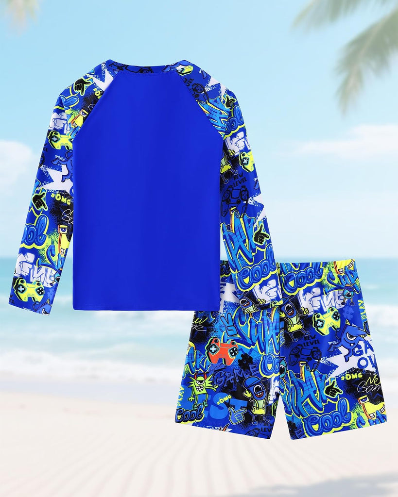 Boys Two Piece Swim Set Rash Guard Long Sleeve Swimsuits Kids UPF 50+ Bathing Suit