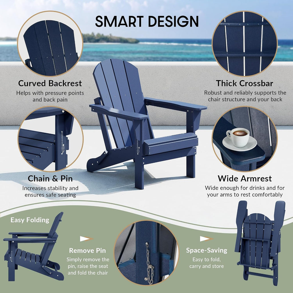 Malibu HDPE Outdoor Patio Folding Poly Adirondack Chair, Navy Blue