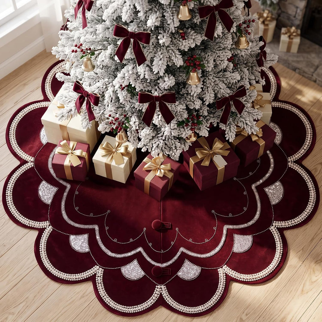 72 Inch Burgundy Velvet Christmas Tree Skirt, Luxury Sequin & Pearl Trim
