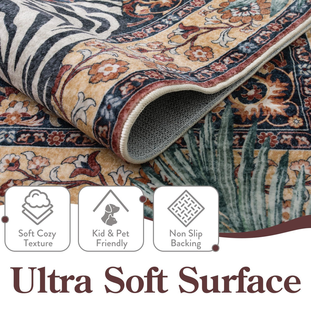 Tiger Washable Area Rugs 8x10, Large Boho Rugs, Vintage Non Slip Dining Room Rugs for Under Table, Ultra Thin Soft