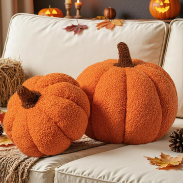 Fall Pumpkin Pillows, Halloween Decoration Decorative Throw Pillows Soft Fleece Sherpa Cute 3D Shaped - Set of 2