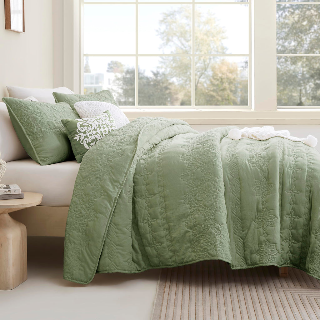 Boho Sage Green Quilt King Size Bedding Sets with Pillow Sham, Bohemian Lightweight Soft Bedspread Coverlet