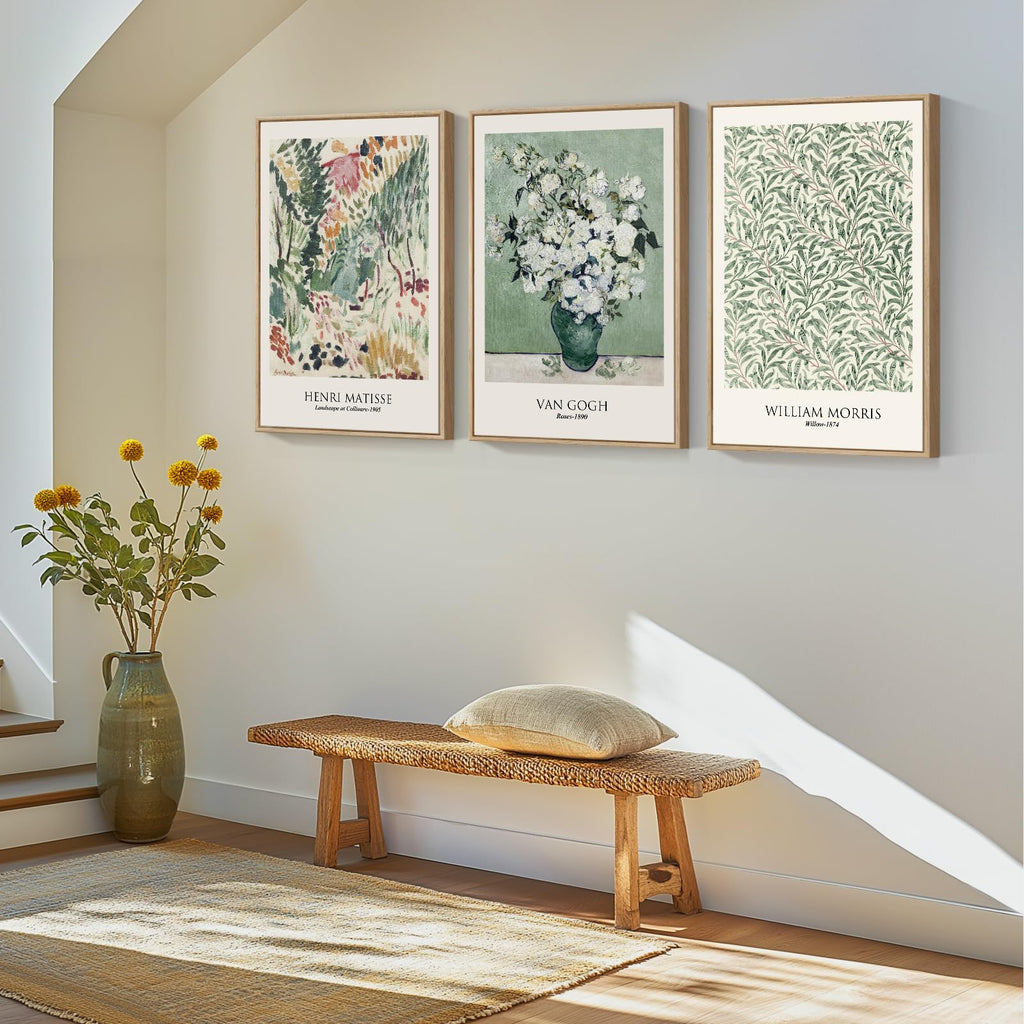Framed Van Gogh Sage Green Botanical Canvas Wall Art Set of 3, 16x24 In