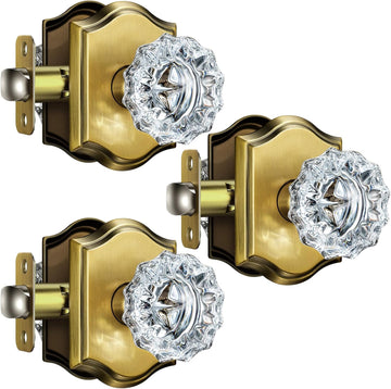 Glass Door Knobs, Passage Vintage Brass Door Knobs, 3 Pack