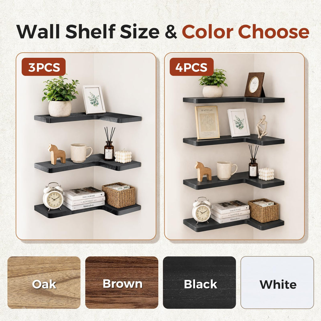 Solid Wood Corner Floating Shelves, L-Shaped, Black, Set of 4
