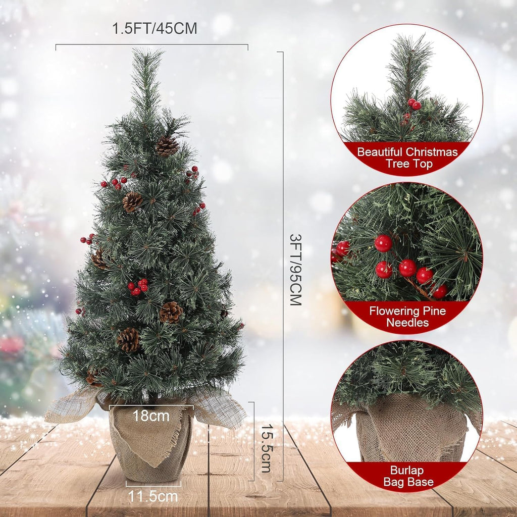 3ft Mini Pre-Lit Christmas Tree, Artificial Tabletop Snow Flocked Christmas Trees, Small Potted Xmas Tree with 78 LED