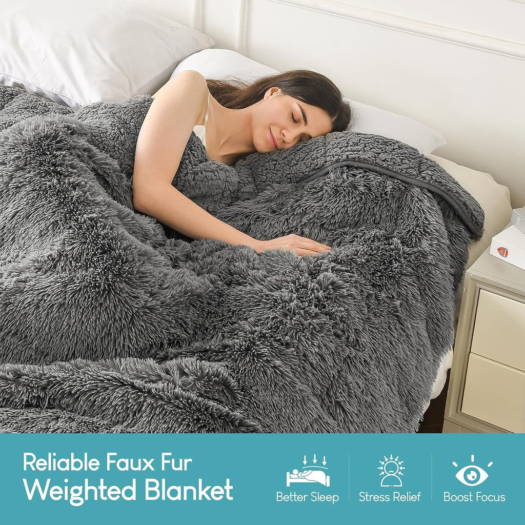 Faux Fur Reversible Sherpa Weighted Blanket 15lbs,Luxury Snugly Long Fur Warm Heavy Blanket 60x80 inches,Super Soft
