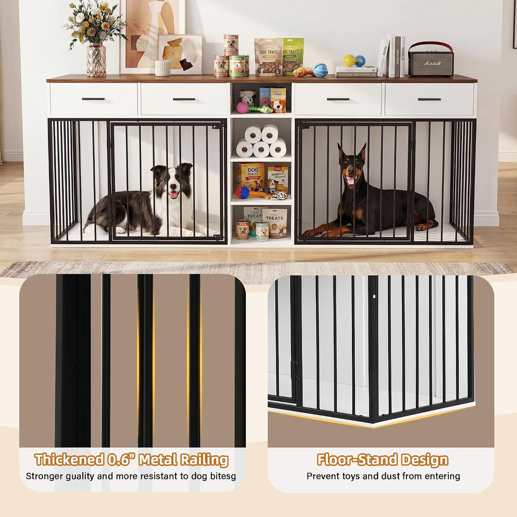 82 Inch Double Dog Crate Furniture for 2 Medium/Large Dogs, White