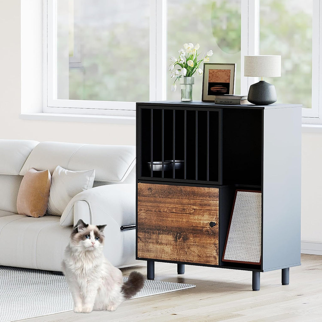 Dog Proof Cat Feeding Station, Cat Feeding Station Furniture with Storage and Cats Scratching Board, 2 Raised Pet